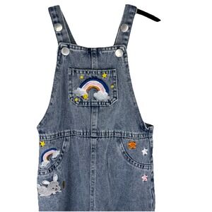 Girls Denim Bib Overalls Youth Size 2-3y Embroidered Rainbow Bunny Spring BOHO